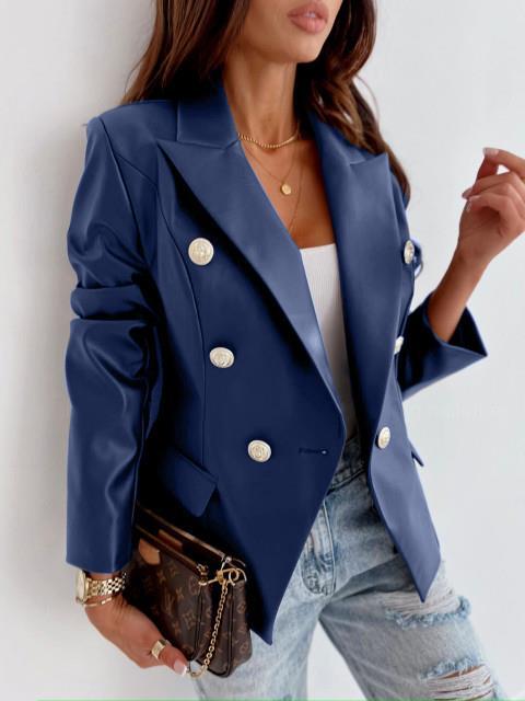 Damen eleganter Kunstleder Blazer mit doppelter Knopfleiste R&B