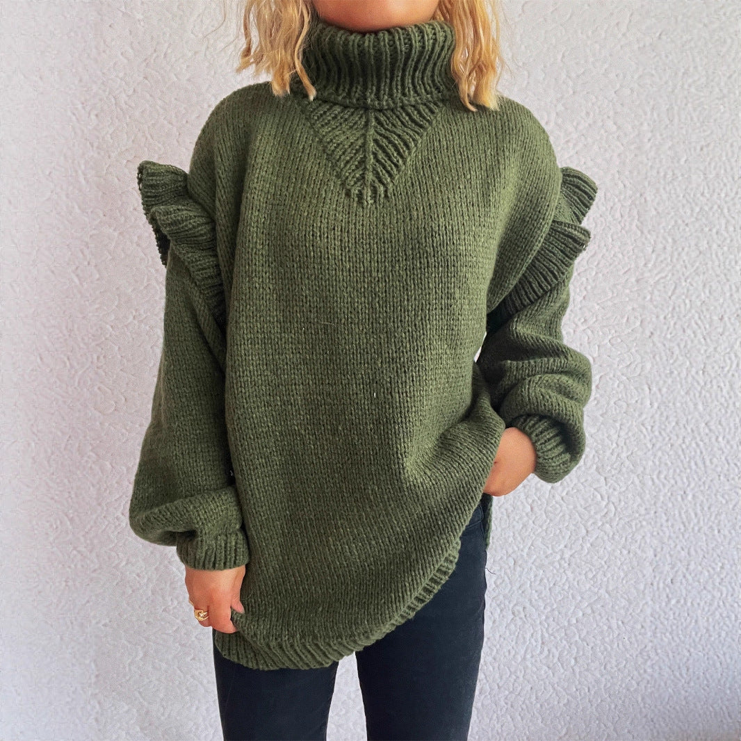 Damen kuscheliger Strickpullover mit Rüschenärmeln und hohem Kragen R&B