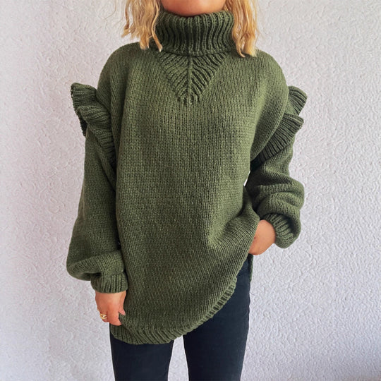 Damen kuscheliger Strickpullover mit Rüschenärmeln und hohem Kragen R&B