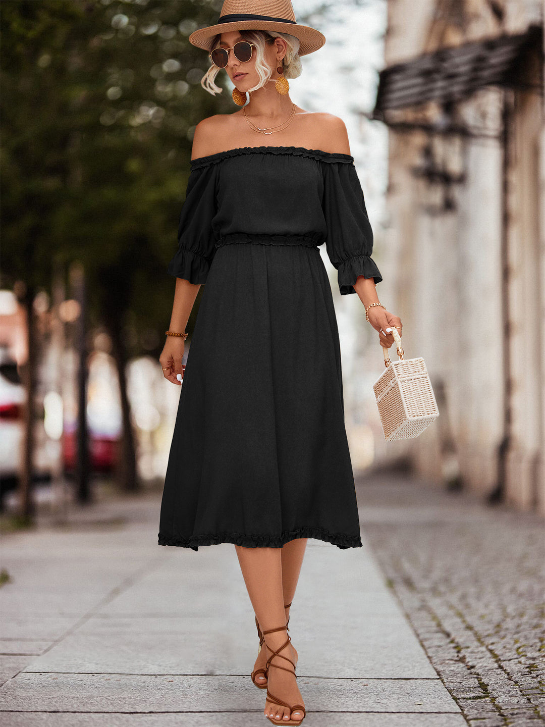 Damen Off-Shoulder Maxikleid mit elastischem Tailleneinsatz und Rüschendetails R&B