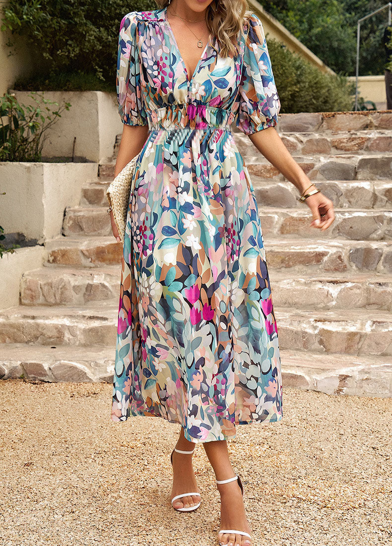 Damen Maxikleid mit Blumenmuster und eleganten Puffärmeln R&B