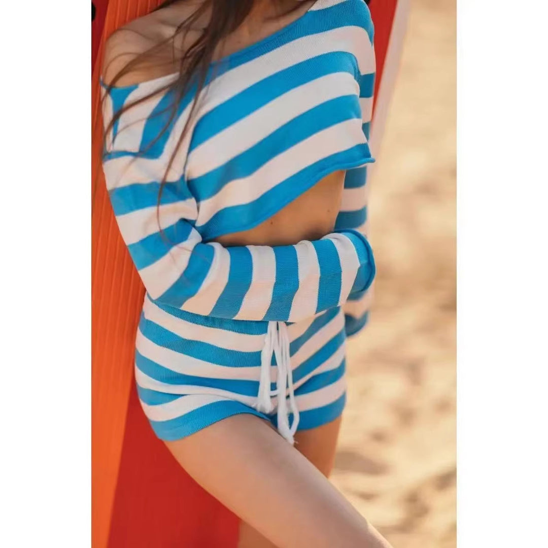 Damen lässiges Strand-Set mit cropped Pullover und kurzen Hosen R&B