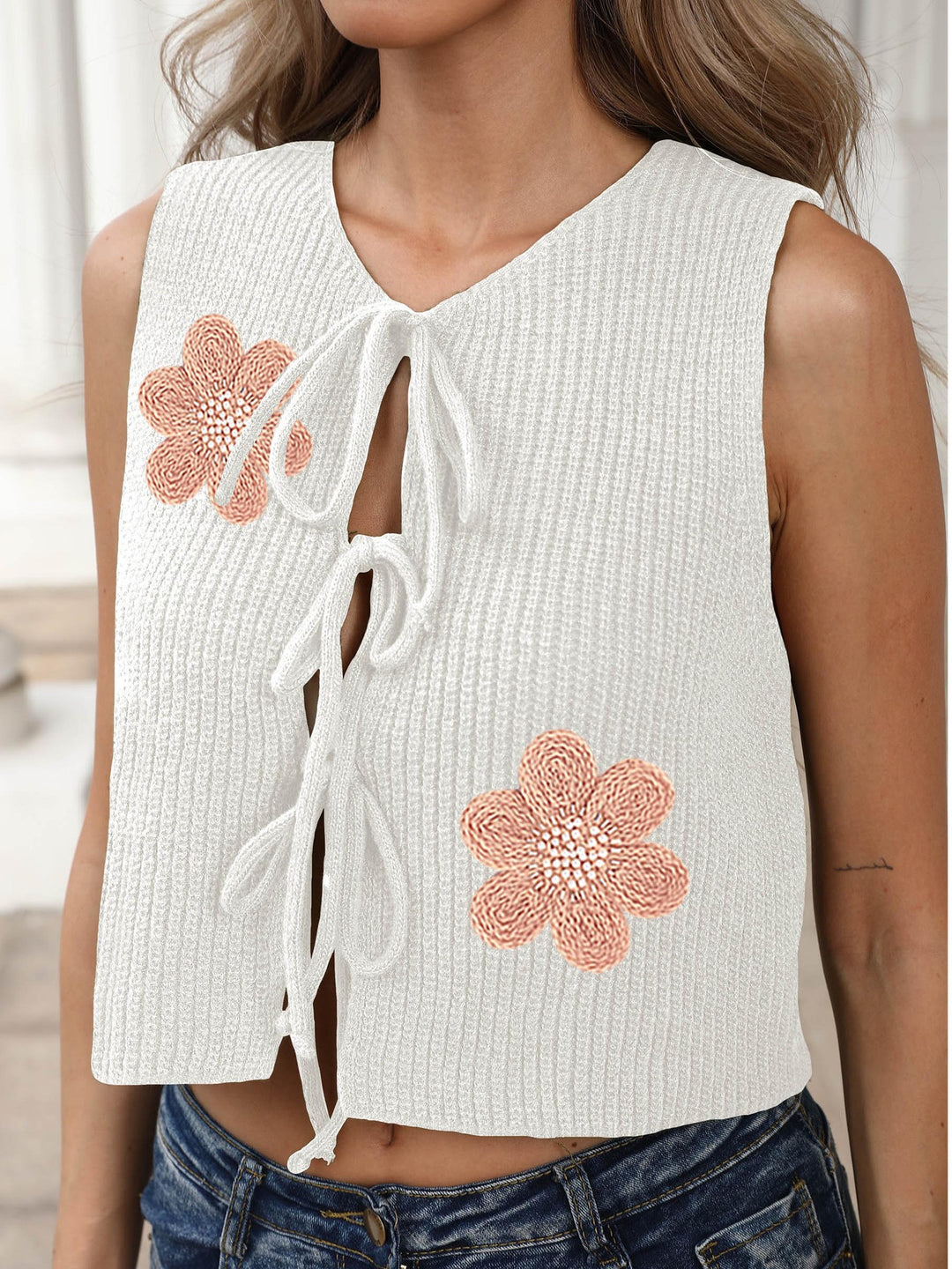 Damen luftiges Stricktop mit Blumenapplikationen R&B