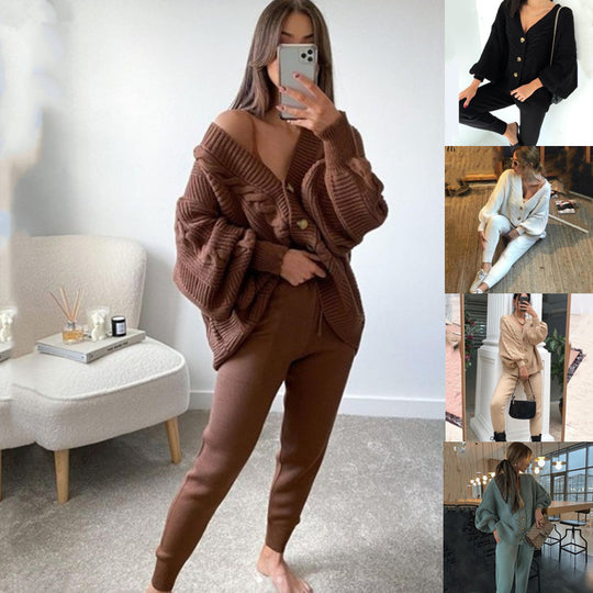Damen Grobstrickjacke mit V-Ausschnitt und Knöpfen R&B
