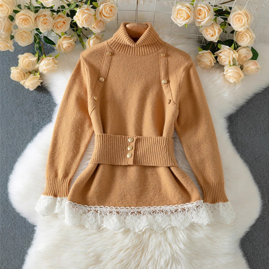 Damen eleganter Strickpullover mit hochgeschlossenem Kragen und dekorativen Knopfdetails R&B