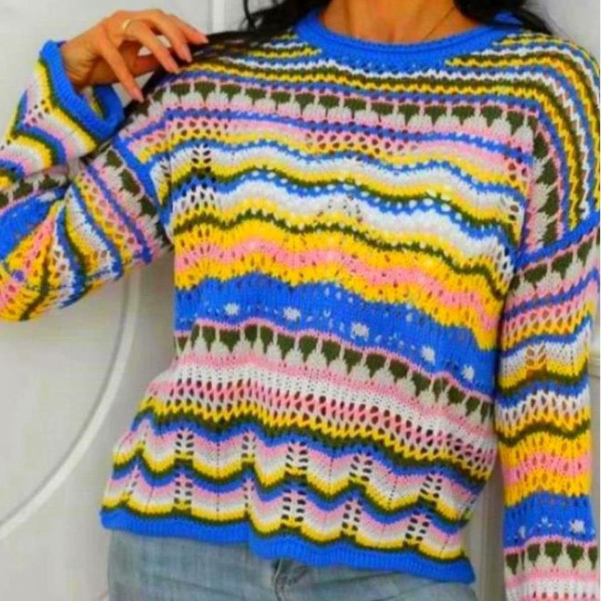 Damen Strickpullover mit buntem Zickzackmuster R&B