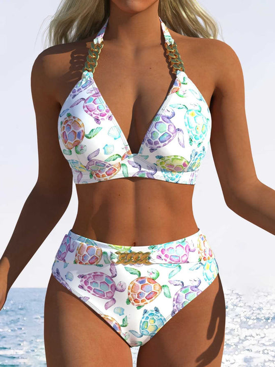 Damen Triangel-Bikini mit verstellbaren Bindebändern und modischem Wellenmuster R&B