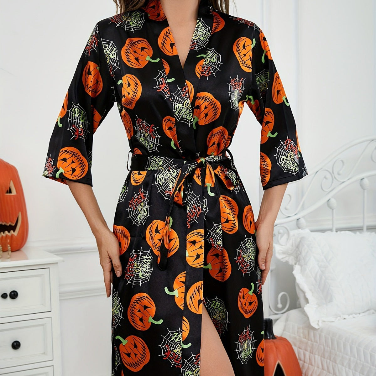 Damen-Halloween-Themen-Satin-Robe mit Gürtel R&B