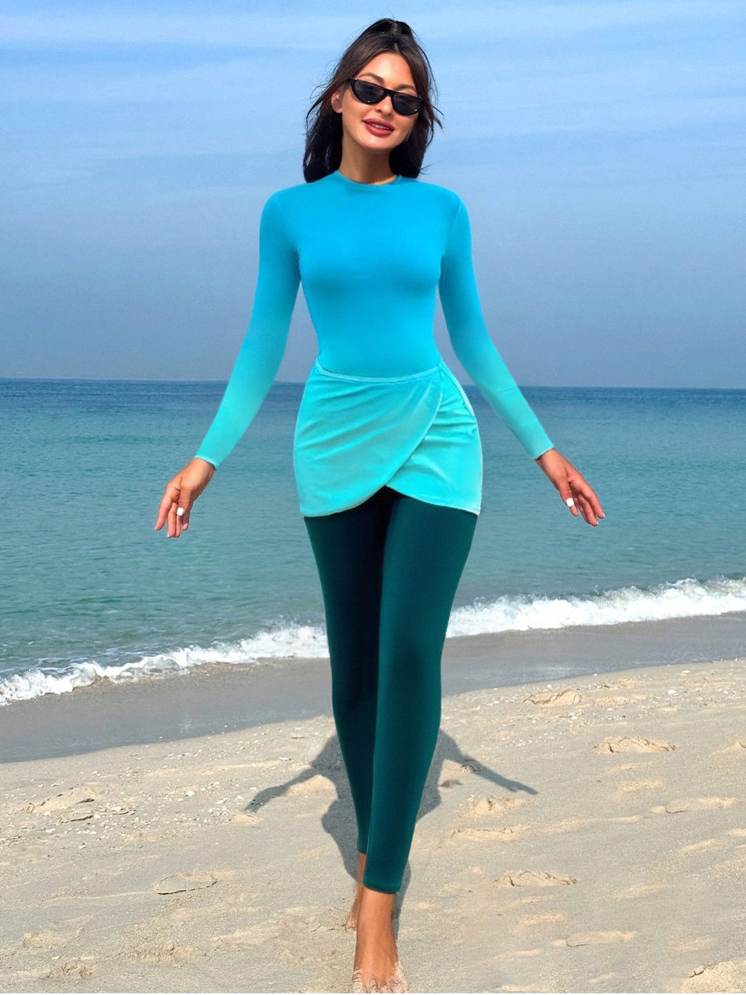 Damen Modischer Langarm-Schwimmanzug mit Wickelrock R&B