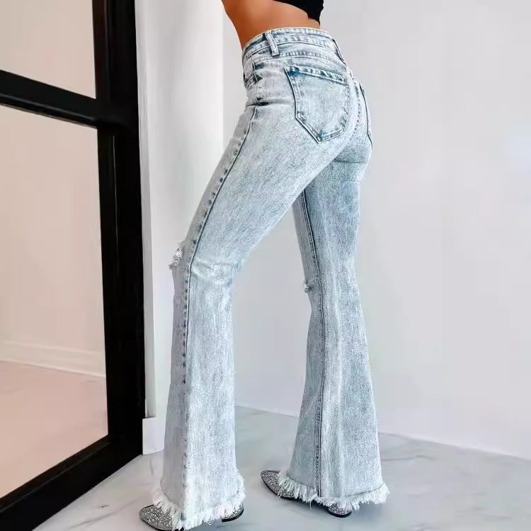 Damen Flared Jeans mit modischen Fransen und Rissen R&B