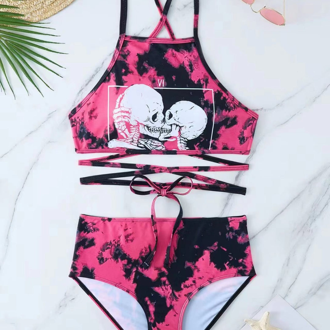 Damen Hochgeschnittener Bikini mit kreativem Muster R&B