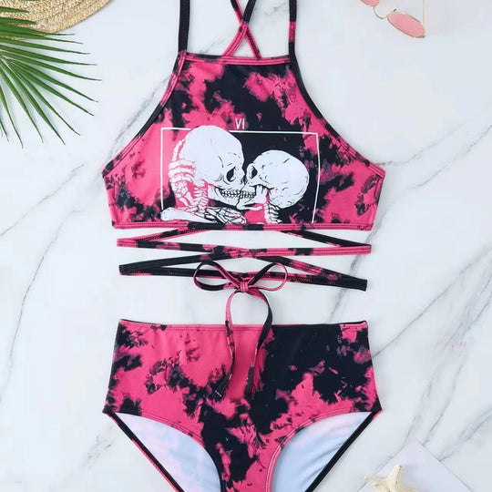 Damen Hochgeschnittener Bikini mit kreativem Muster R&B