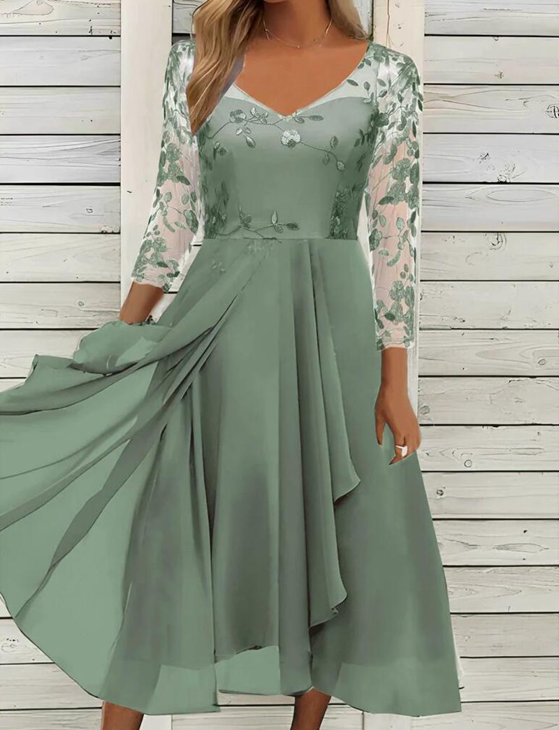 Damen nan elegantes Midikleid mit besticktem Tülloberteil, transparenten Dreiviertelärmeln und mehrlagigem Drapé-Rock R&B