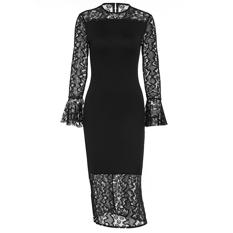 Damen elegantes Spitzenkleid mit weitem Arm und fließendem Saum R&B