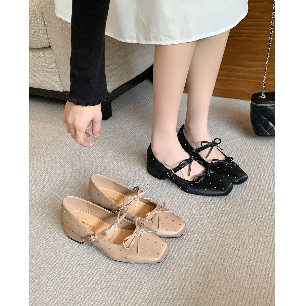 Damen Ballerinas mit dekorativen Schleifen und Strass-Applikationen