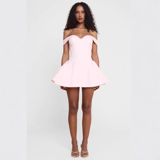 Damen nan kurzes schulterfreies A‑Linienkleid mit Herz‑Ausschnitt, taillierter Korsage und Eingrifftaschen R&B