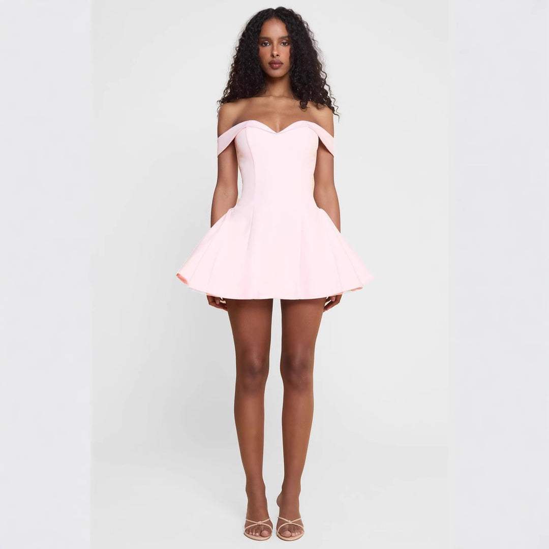 Damen nan schulterfreies tailliertes Skaterkleid mit herzförmigem Ausschnitt und Eingrifftaschen R&B