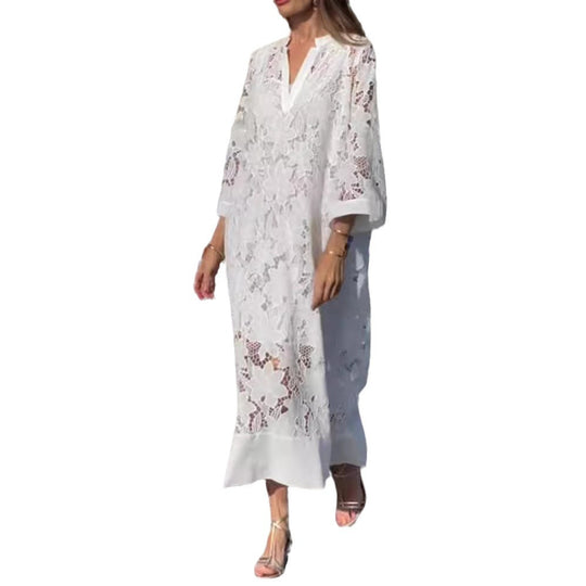 Damen nan luftiges Spitzen-Maxikleid mit floraler Ajourstickerei, lockerem Kimonoärmelschnitt und leichtem Unterkleid R&B