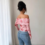 Damen nan schulterfreies gerafftes Langarm-Oberteil aus feinem Mesh mit floralem Print und taillierter Silhouette R&B