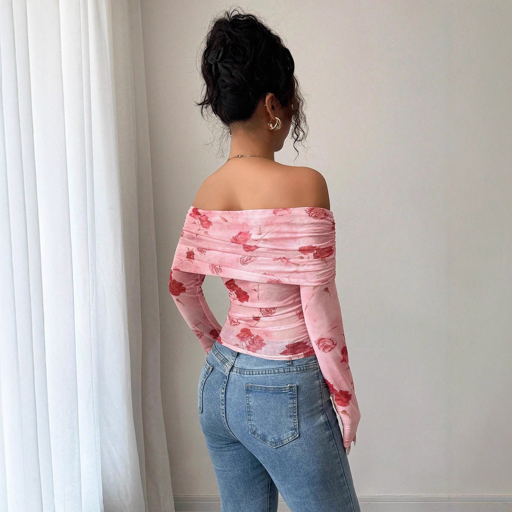 Damen nan schulterfreies gerafftes Langarm-Oberteil aus feinem Mesh mit floralem Print und taillierter Silhouette R&B