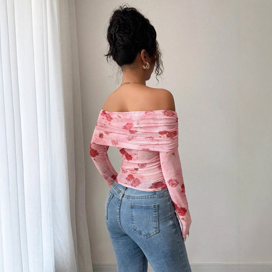 Damen nan schulterfreies gerafftes Langarm-Oberteil aus feinem Mesh mit floralem Print und taillierter Silhouette R&B