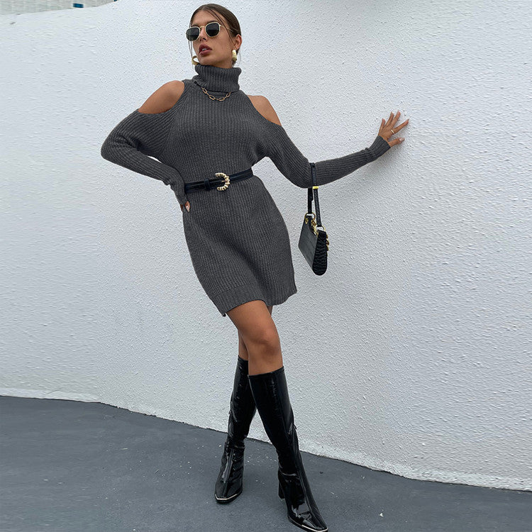 Damen Strickkleid mit schickem Rollkragen und offenen Schultern R&B