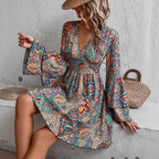 Damen V-Ausschnitt Kleid mit weiten Ärmeln und Paisleymuster R&B