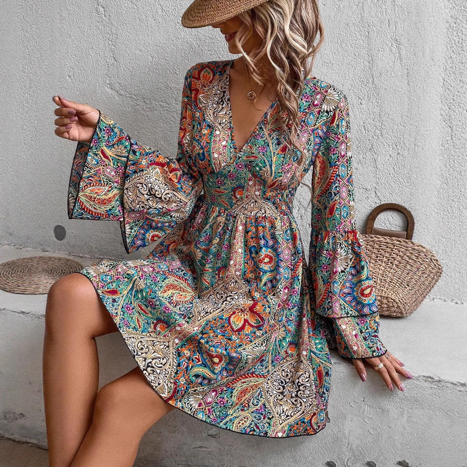 Damen V-Ausschnitt Kleid mit weiten Ärmeln und Paisleymuster R&B