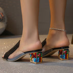 Damen Mules mit buntem Blockabsatz und eleganter Oberflächenstruktur