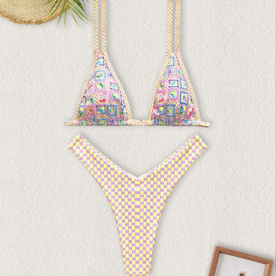 Damen Triangel-Bikini mit buntem Patchwork-Muster R&B