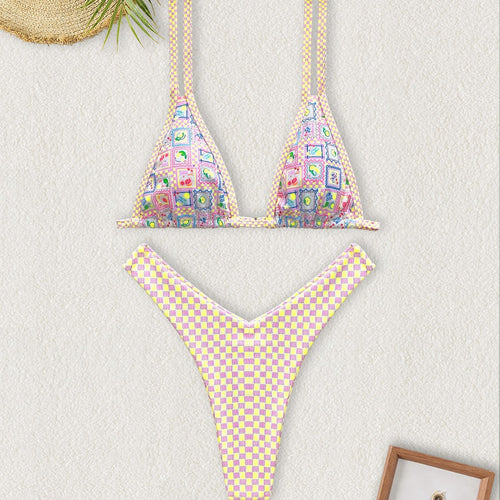 Damen Triangel-Bikini mit buntem Patchwork-Muster R&B