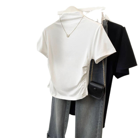 Damen figurbetontes T-Shirt mit Stehkragen und raffiniertem Rüschendetail
