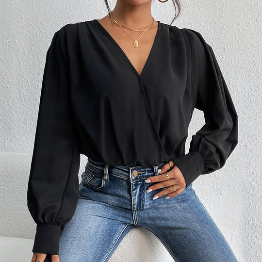 Damen elegante Bluse mit voluminösen Ärmeln und tiefem V-Ausschnitt R&B