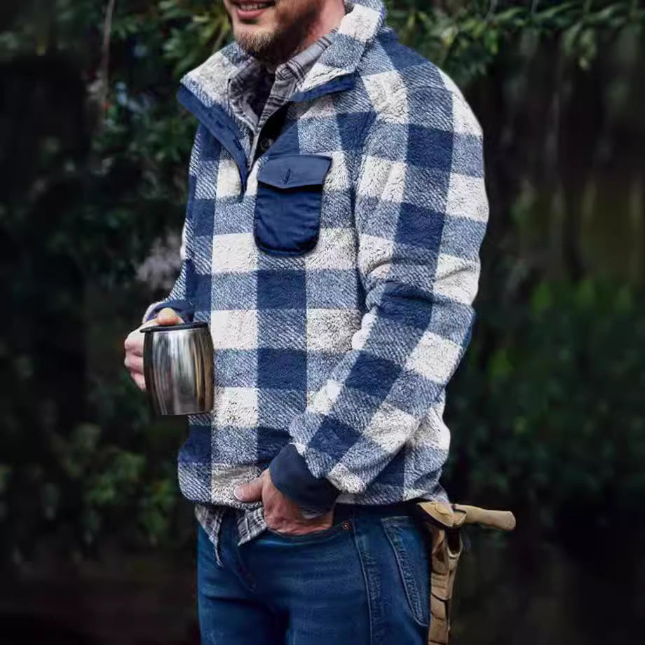 Herren Fleece-Pullover mit Karomuster und Hohem Kragen R&B