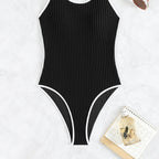 Damen einteiliger Badeanzug mit strukturiertem Rippendesign und eleganten Kontrasten R&B