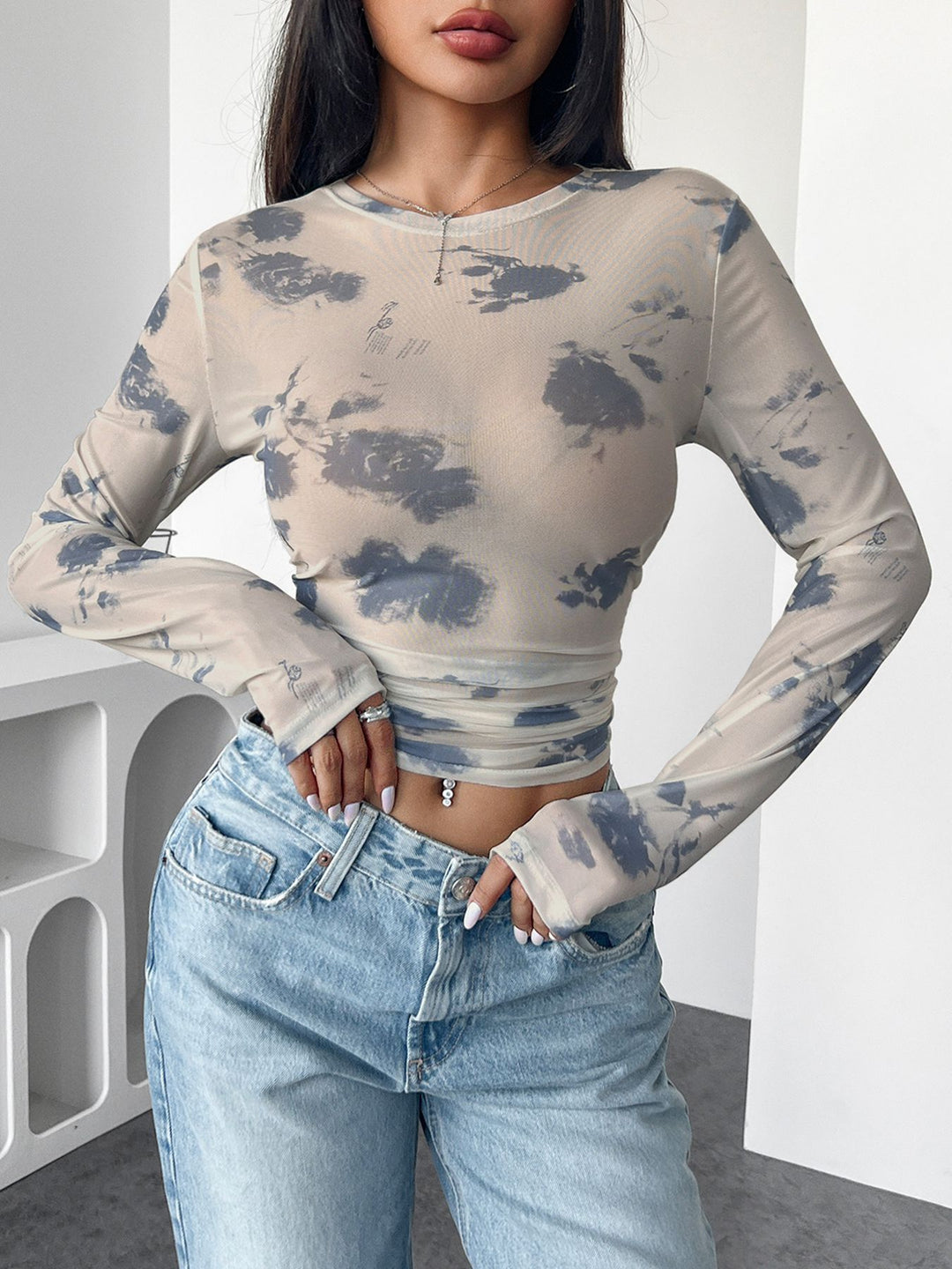 Damen figurbetontes Longsleeve-Oberteil mit einzigartigem Farbmuster R&B