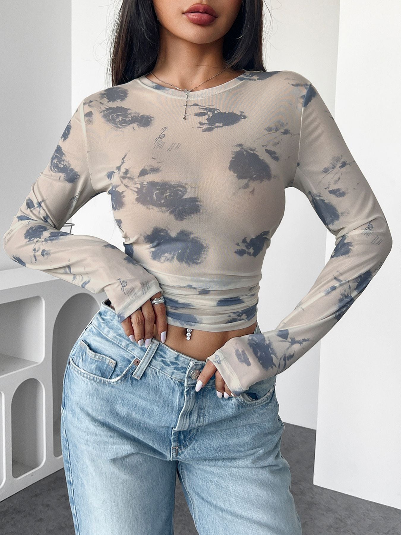 Damen figurbetontes Longsleeve-Oberteil mit einzigartigem Farbmuster R&B