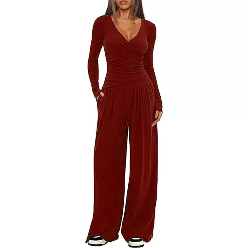 Damen Eleganter Wickel-Jumpsuit mit weitem Bein und modischen Details EB