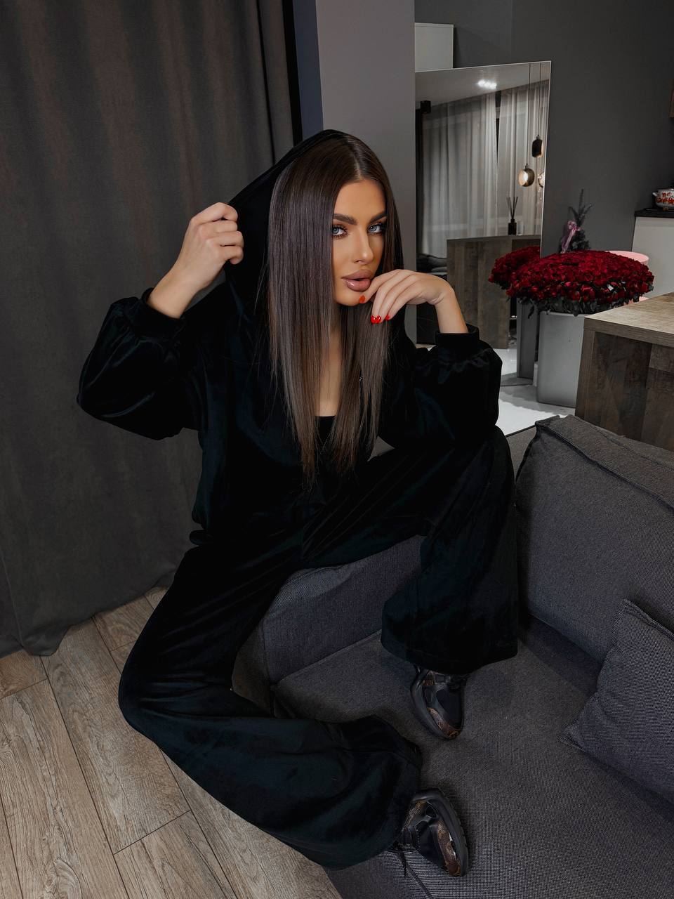 Damen Fleece-Haustextilien-Set mit cropped Oberteil und weitem Hosen R&B