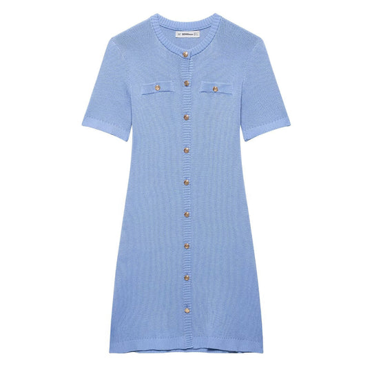 Damen Strickkleid mit kurzen Ärmeln und Knopfleiste R&B