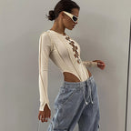 Damen figurbetontes Body mit tiefem Ausschnitt und R&Brnem Schnürdesign R&B
