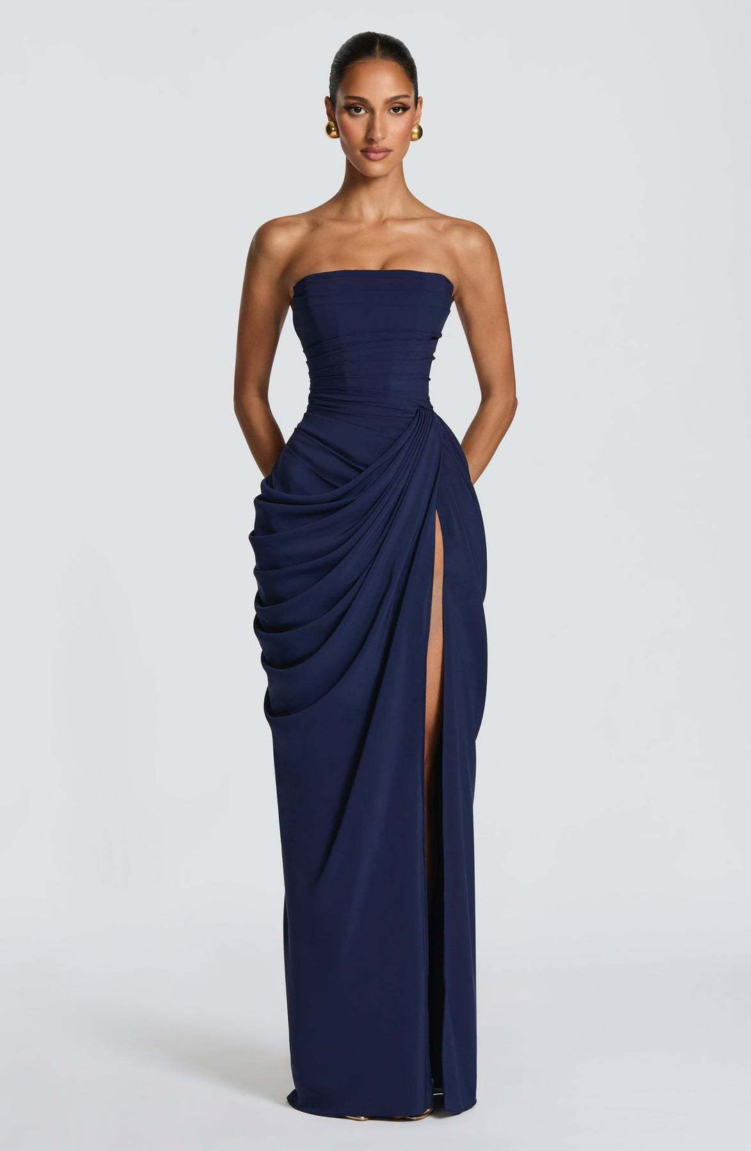 Damen Elegantes Langarm Abendkleid mit asymmetrischer Drapierung und schmalem Schlitz R&B