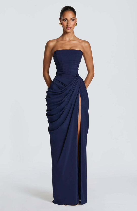 Damen Elegantes Langarm Abendkleid mit asymmetrischer Drapierung und schmalem Schlitz R&B