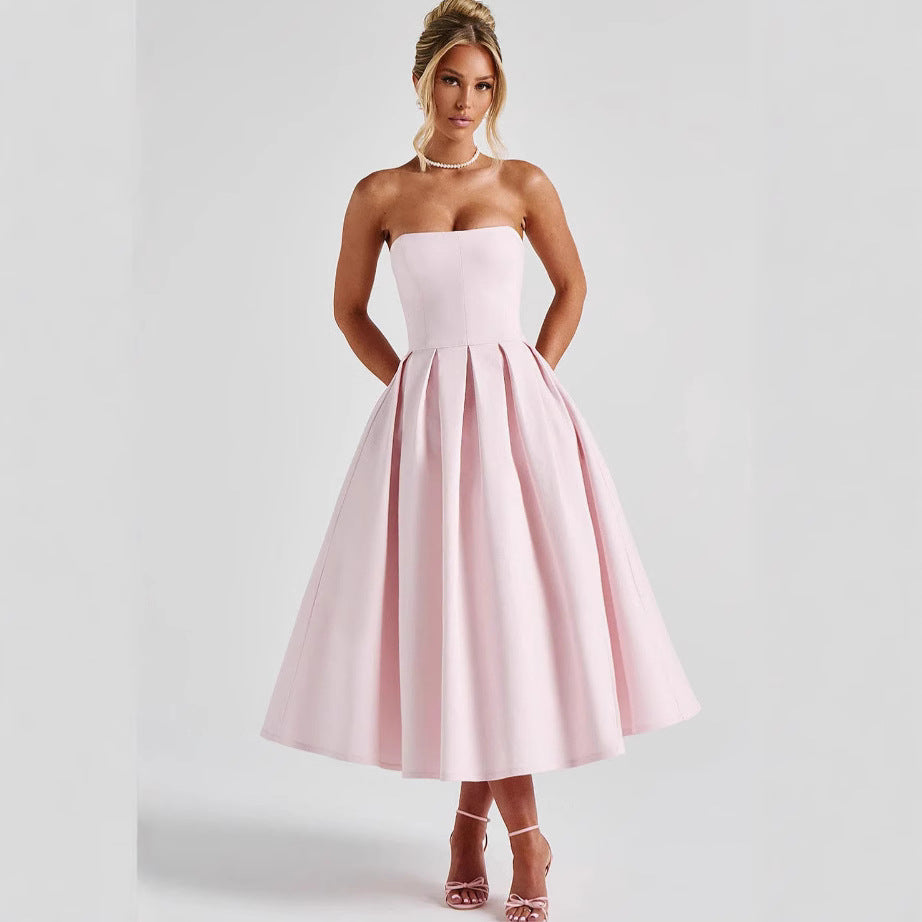 Damen A-Linien Abendkleid mit tiefem Wasserfallausschnitt und elegantem Plissee EB