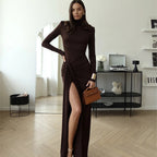 Damen Maxi-Kleid mit strukturiertem Wickeldesign und hohem Schlitz