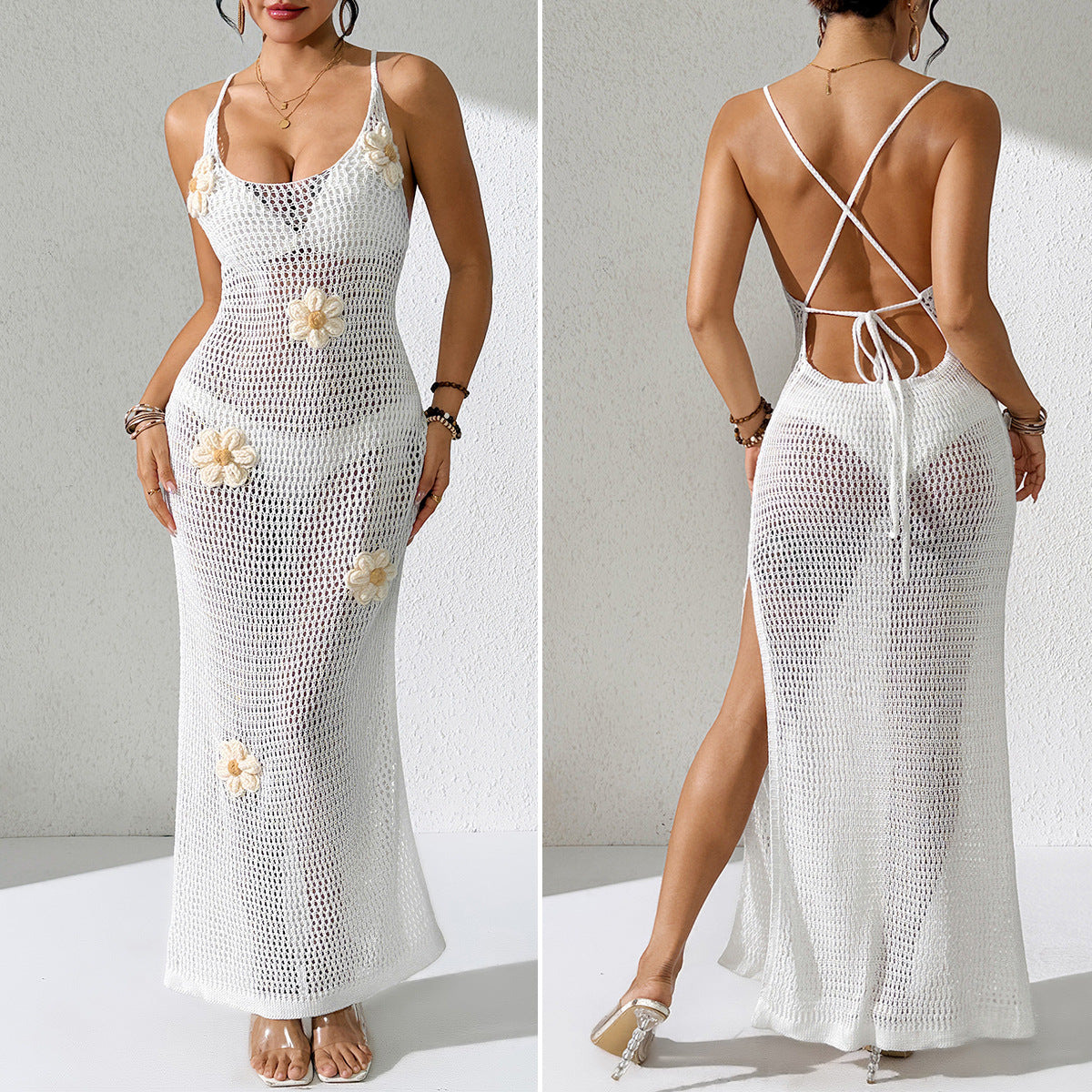 Damen Häkel-Strandkleid mit floralen Akzenten und schmalem Schnitt EB