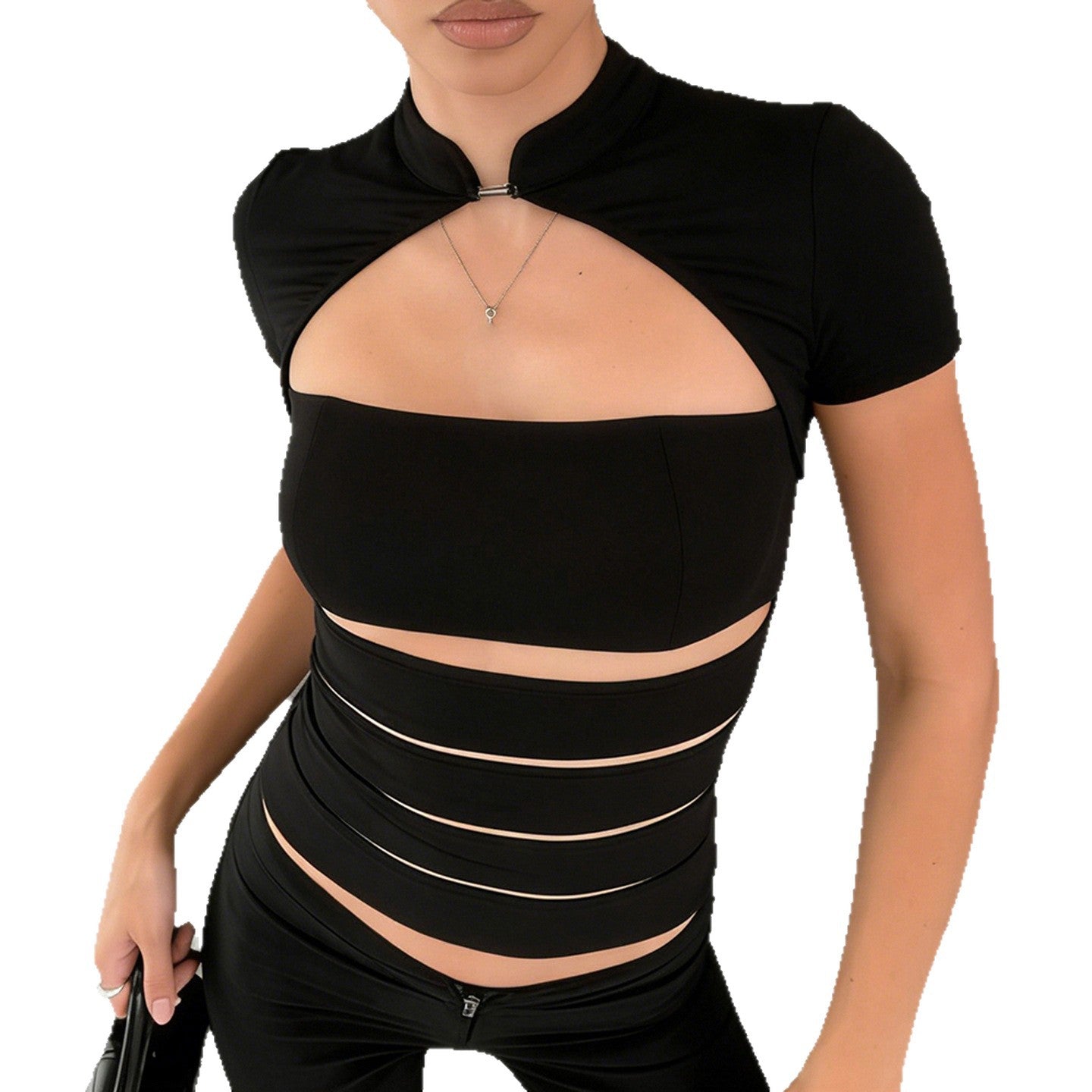 Damen Cropped Blusenshirt aus strapazierfähigem Stretchmaterial mit elegantem Stehkragen R&B