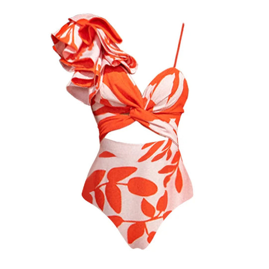Damen Eleganter Einteiler Badeanzug mit voluminösen Rüschendetails R&B