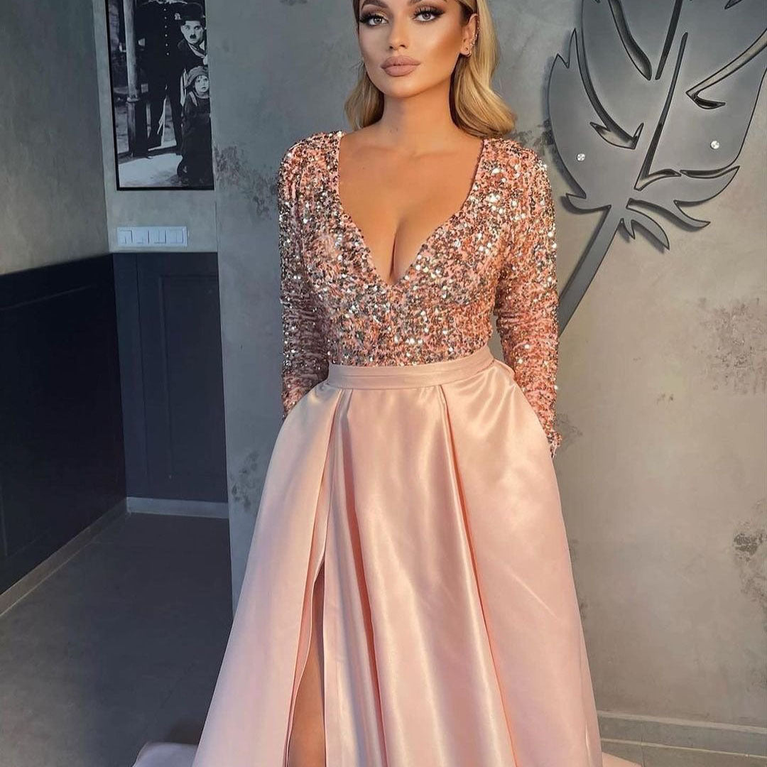 Damen Glamouröses Abendkleid mit tiefem V-Ausschnitt und schimmernden Pailletten R&B