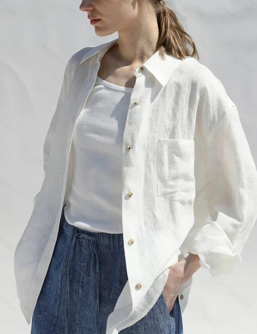 Damen lässige Leinenbluse mit knopfdetaillierter Vorderseite R&B